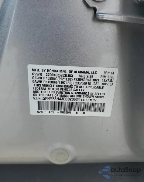 2014 Honda Pilot Ex from USA, damaged, VIN 5FNYF3H43EB020634